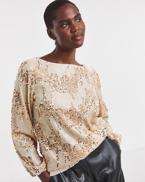 Velvet Sequin Slash Neck Volume Sleeve Top