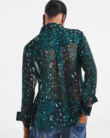 Blue Animal Print Pintuck Peplum Hem Georgette Shirt