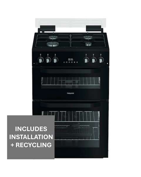 Hotpoint HTG6GDCB1 60cm Gas Twin Cooker with Glass Lid - Black + Install