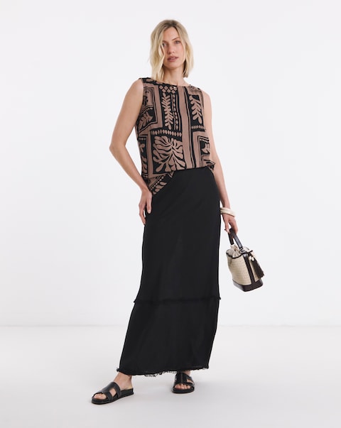 Black Linen Mix Frayed Hem Skirt