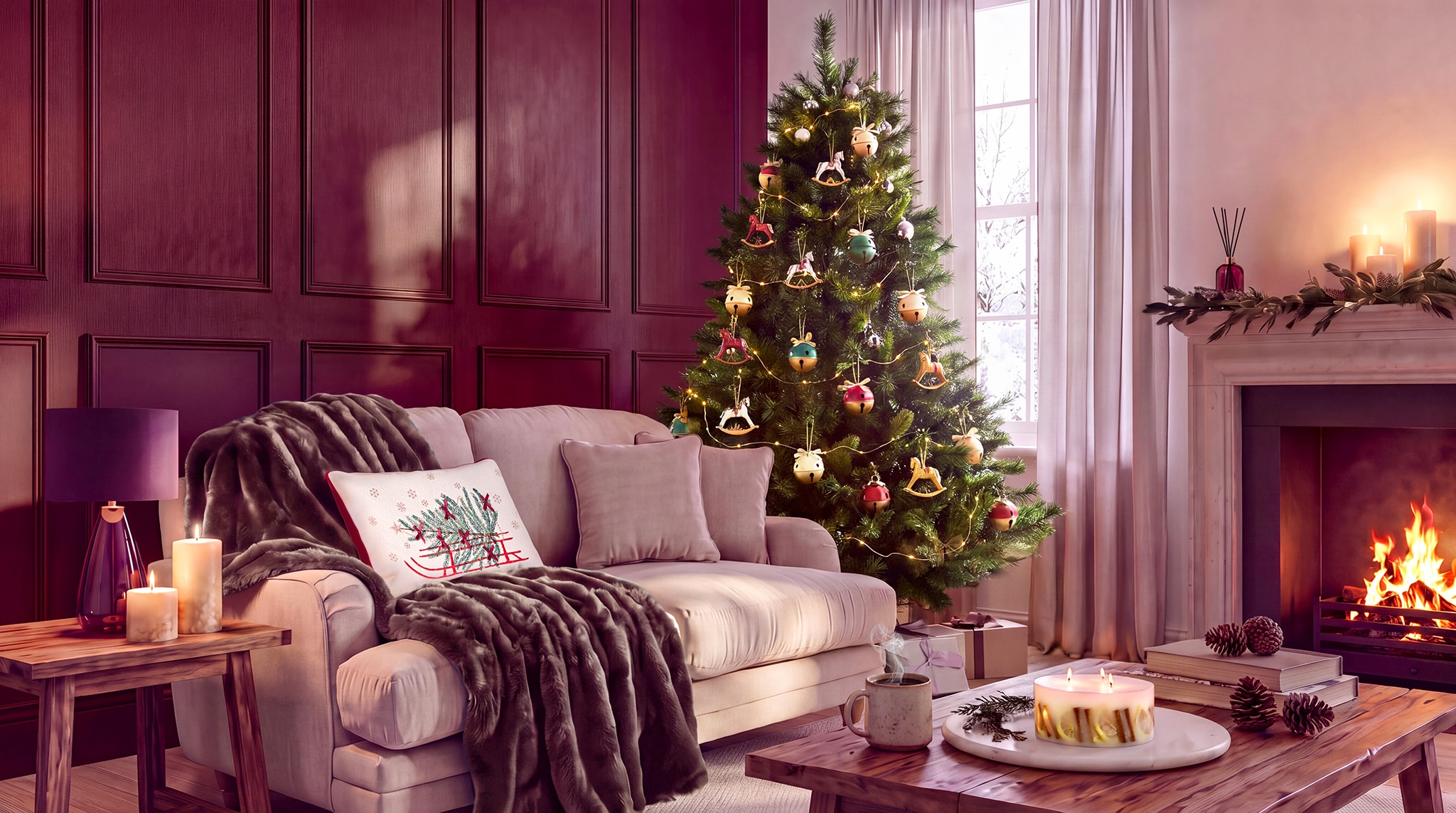 A living room with a Christmas tree in it and an open fire.