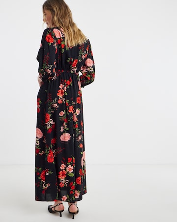 Black Floral Print Lace Trim Puff Sleeve Midi Tea Dress