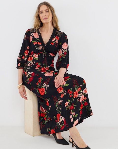 Black Floral Print Lace Trim Puff Sleeve Tea Dress