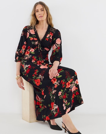 Black Floral Print Lace Trim Puff Sleeve Midi Tea Dress
