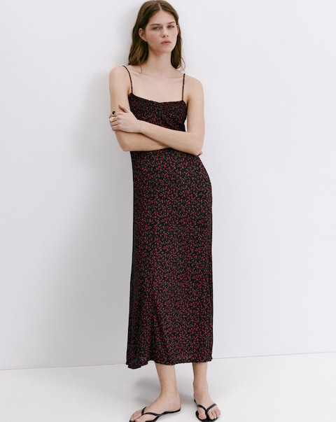 Mango Floral Midi-Dress With Gathered Neckline
