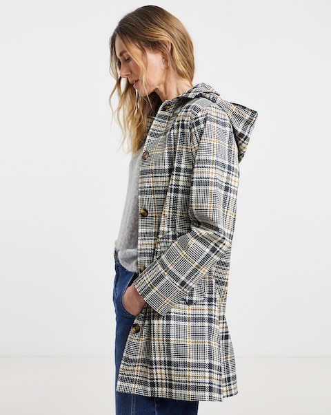 Hooded Check Print Trench Car Coat