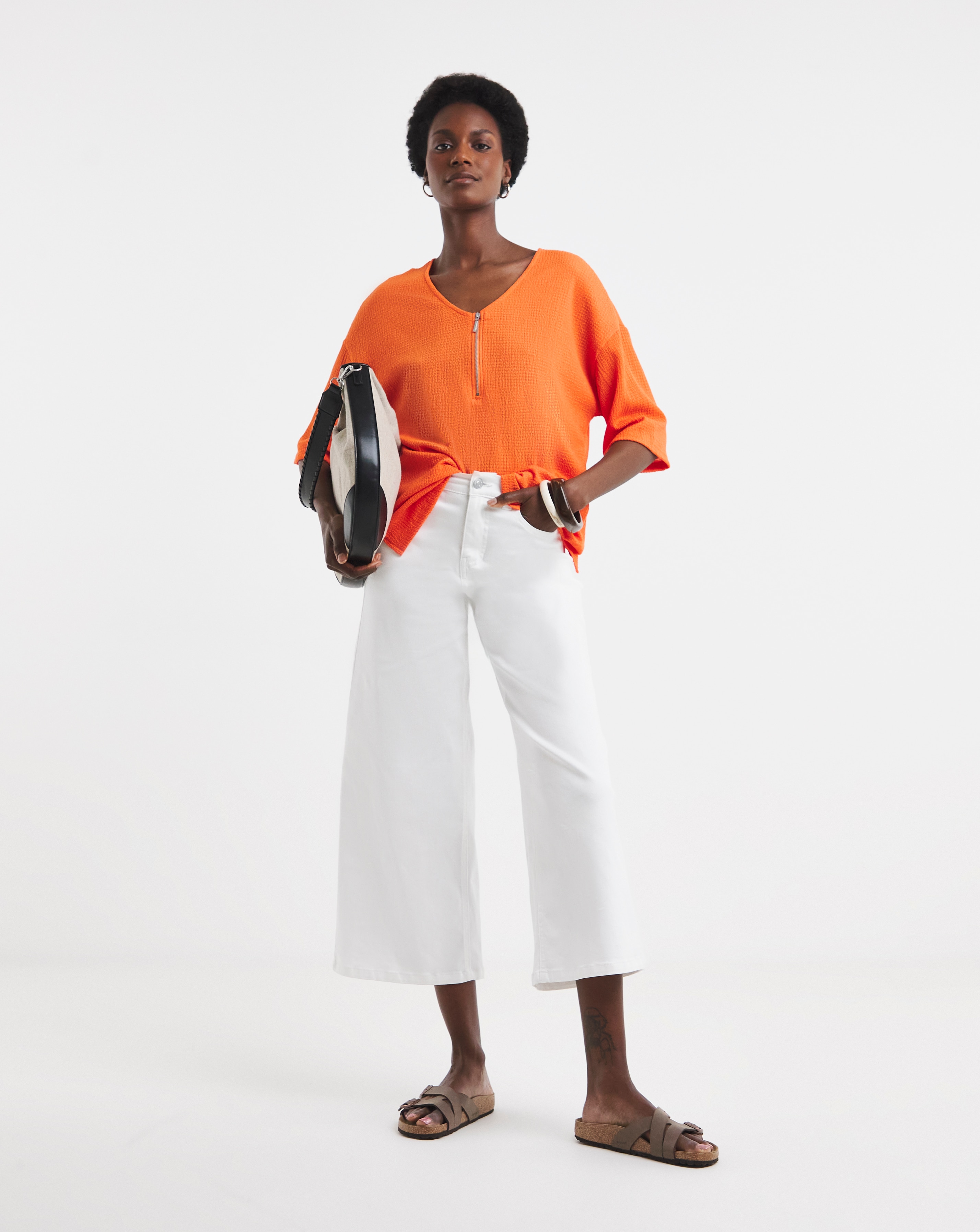 Orange Textured V-Neck Zip Front Short Sleeve Longline Top | JD