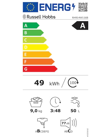 Russell Hobbs RH914W116B 9kg 1400rpm Washing Machine Black + Install