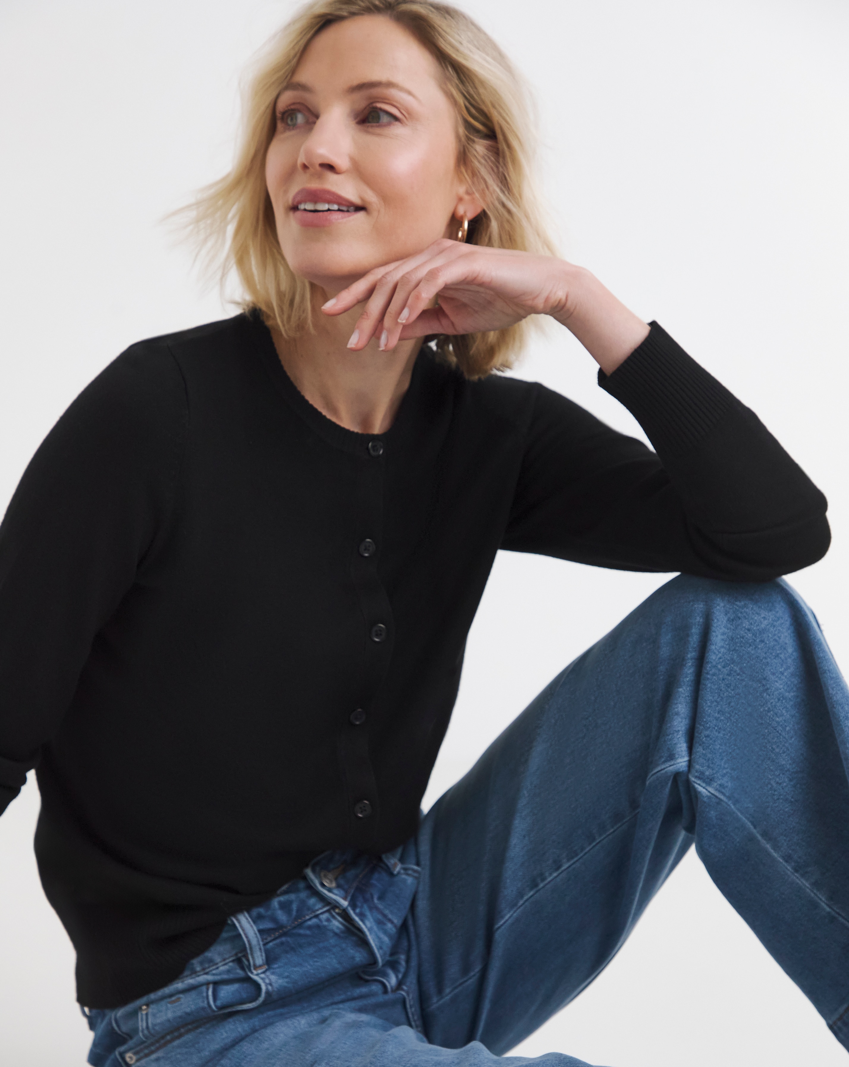 Fine Knit Black Crew Neck Cardigan | JD Williams