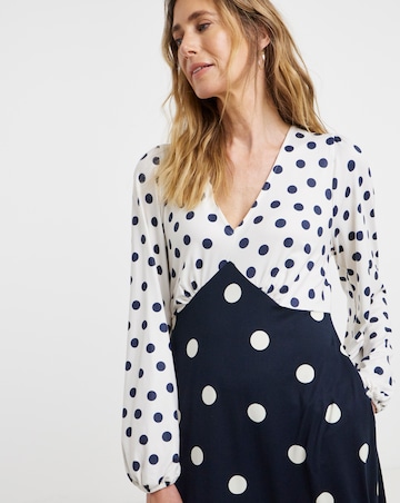 Navy Spot Contrast Print Jersey Midi Tea Dress