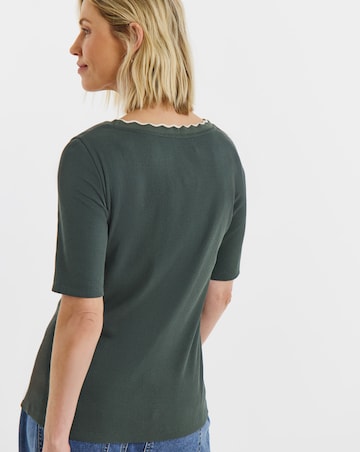 Khaki And Cream Contrast Scallop Scoop Neck Top