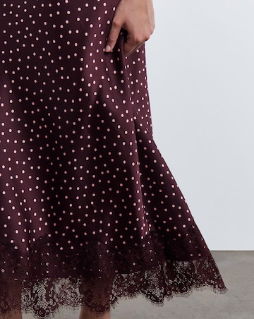 Simply Be Burgundy Spot Satin Midaxi Skirt With Lace Trim