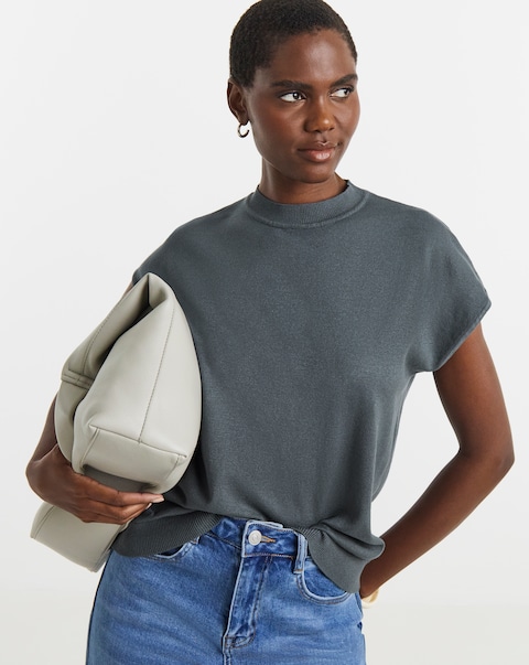 Knitted Short Sleeve Funnel Neck T-Shirt