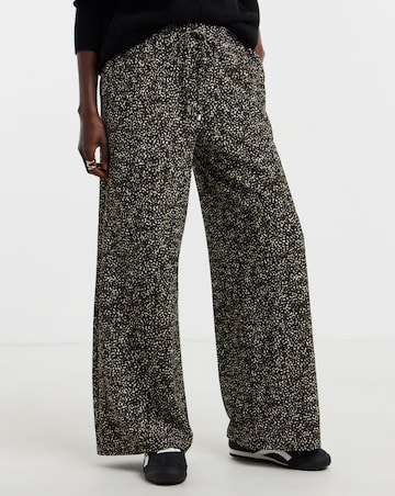 Khaki Print Textured Jersey Tie Waist Wide Leg Trouser
