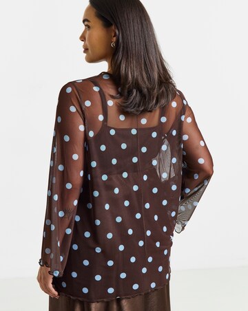 Simply Be Blue And Brown Spot Mesh Long Sleeve Asymmetrical Longline Top