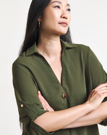 Olive Green Button Detail Collar Popover Top
