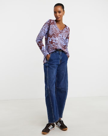 Floral Print 3/4 Sleeve Slouch V-Neck Longline Top