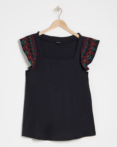 Square Neck Embroidered Sleeve Top