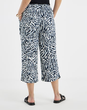 Navy Print Linen Mix Cropped Wide Leg Culottes