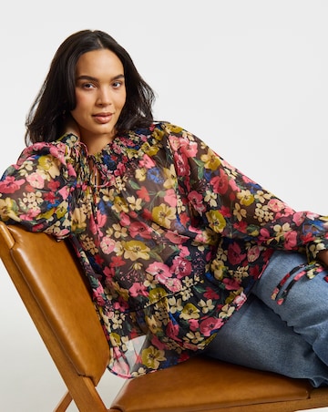 Simply Be Floral Shirred Neckline Long Sleeve Blouse