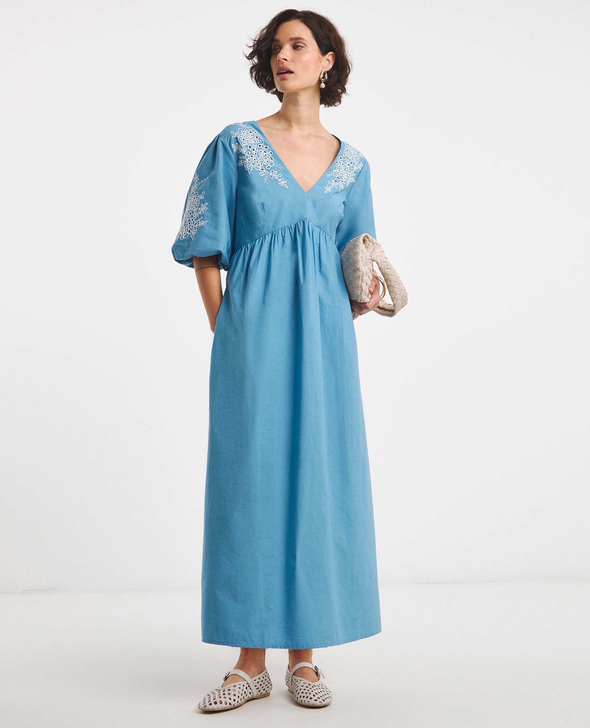 Model wears Pure Cotton Embroidered Puff Sleeve Dress in Blue