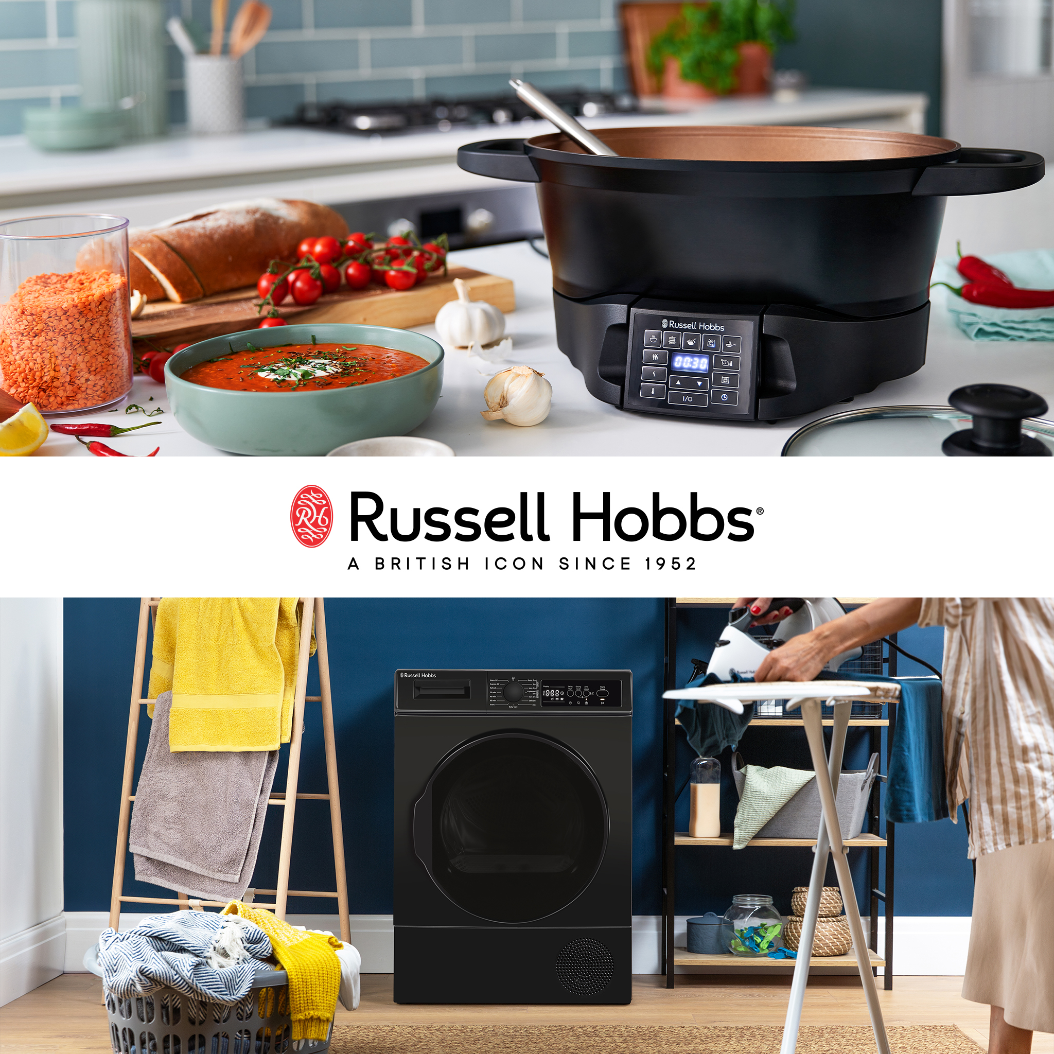 Russell Hobbs promotional image featuring a cooking pot with soup and ingredients in a kitchen, and a black tumble dryer in a laundry room beside an ironing board.