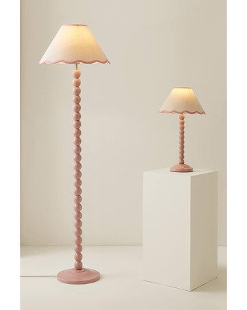 ValueLights Bobbles Rose Pink Bobbin Floor Lamp with Pink Trim Scallop Shade