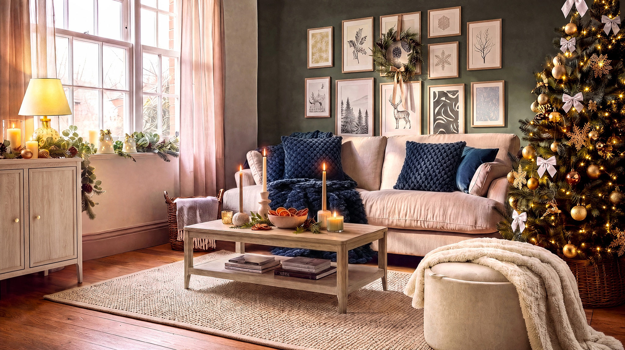 A Christmas decorated living room with a Christmas tree on the right side. A green wall at the back with pictures on it and beige furniture.