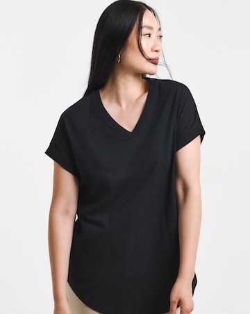 Black V Neck Short Sleeve Longline Curved Hem Top