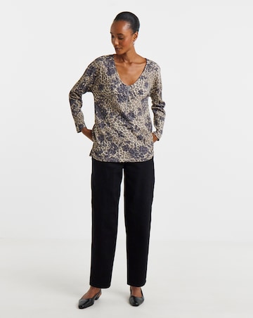 Leopard Floral Print Zip Front Long Sleeve Longline Top