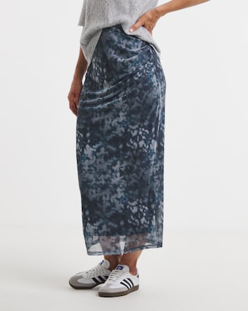 Printed Mesh Ruched Column Maxi Skirt