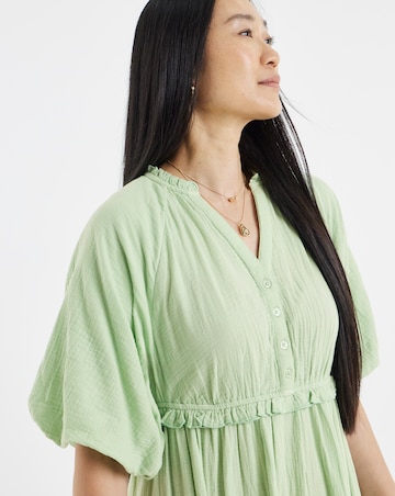 Pure Cotton Textured Bubble Sleeve Maxi Dress