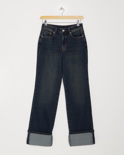 Blue Turn Up Straight Wide Leg Jeans