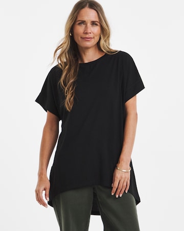 Black Crew Neck Grown On Sleeve Longline Dipped Back Top