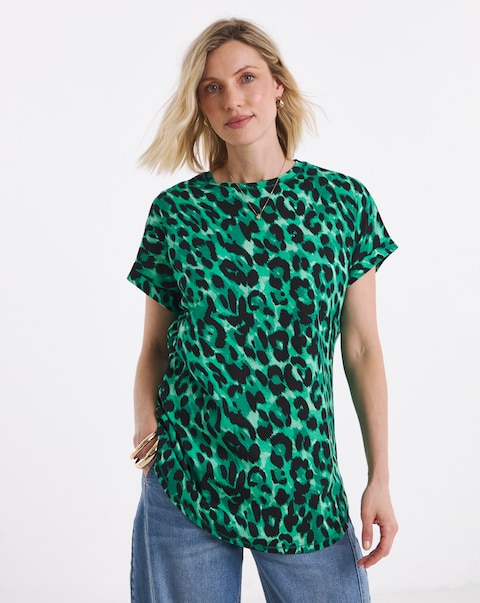 Green Animal Print Longline Short Sleeve Curved Hem Top