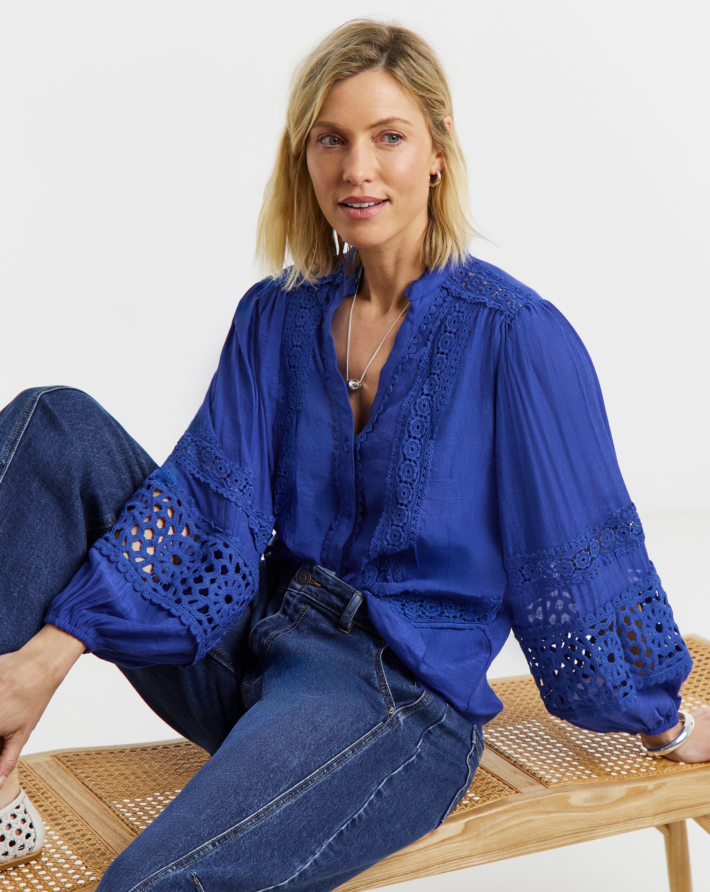 Lace Trim Button Through Prairie Blouse | JD Williams