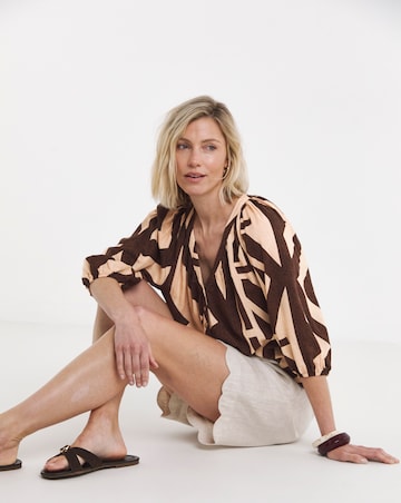 Aztec Print Collarless Button Through Blouse