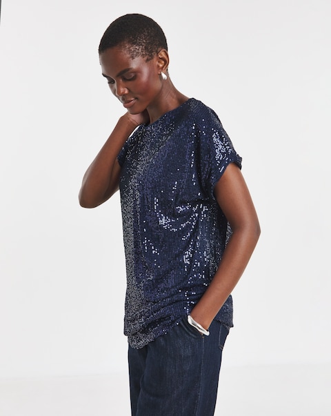 Sequin Longline Curved Hem Top