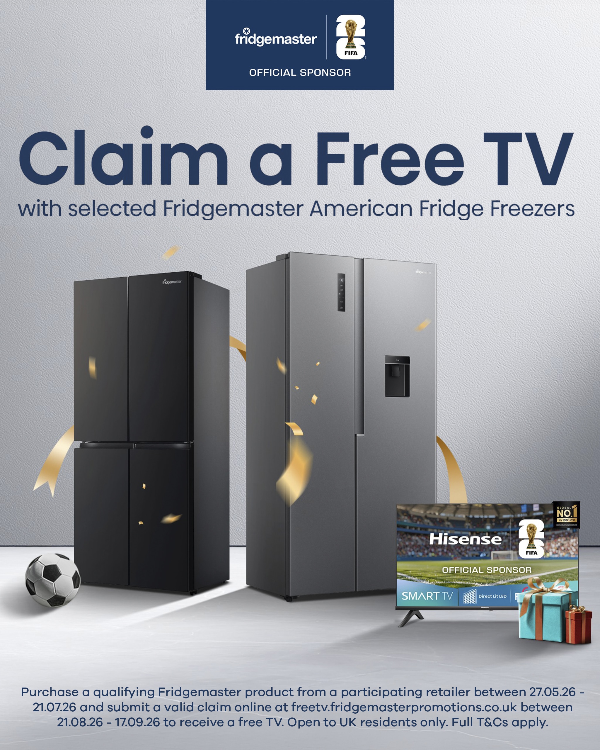 A black and a grey Fridgemaster American style appliance in a grey room next to a TV on the floor