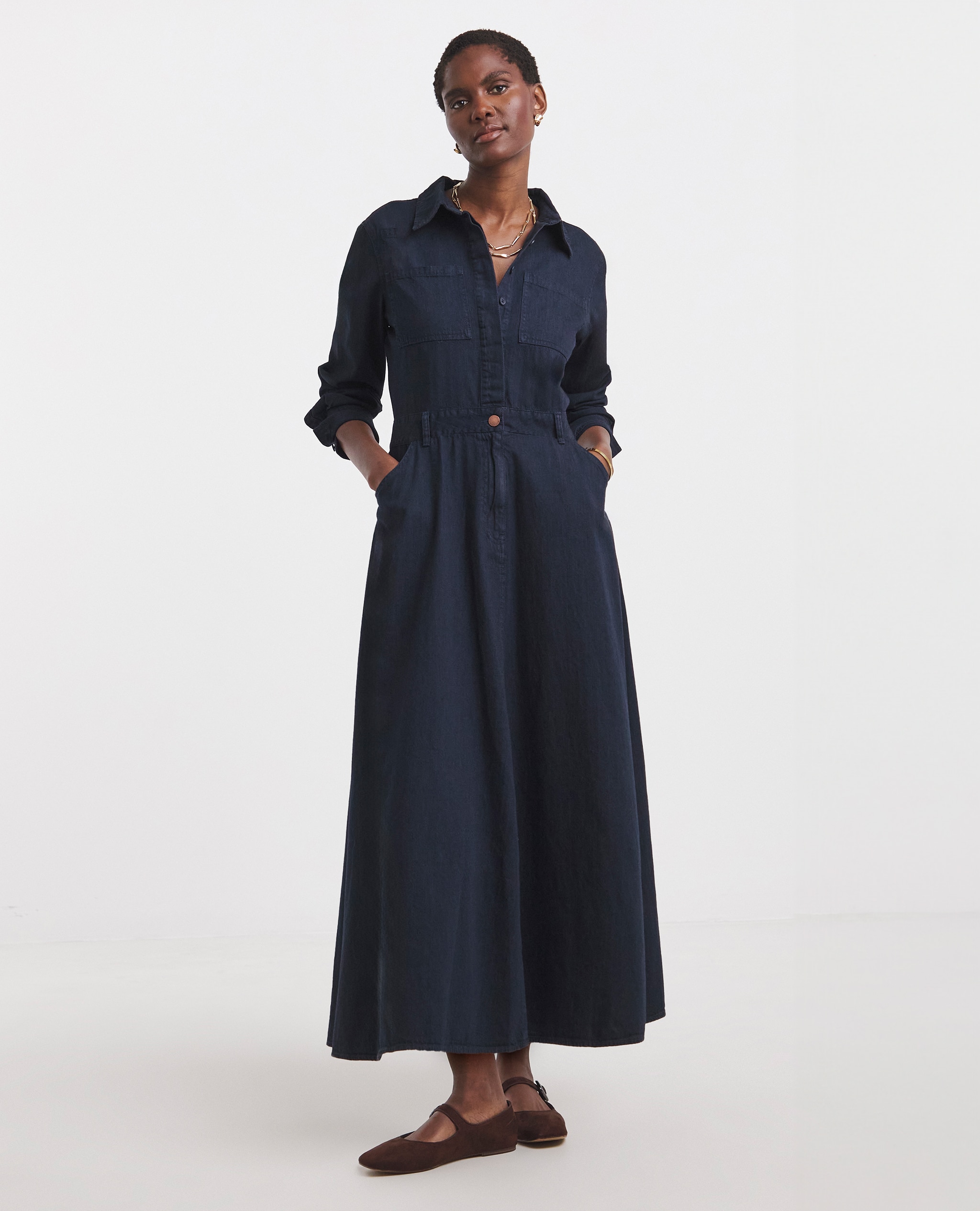 Model wears Pure Cotton Dark Blue Denim A Line Shirt Dress in Dark Blue