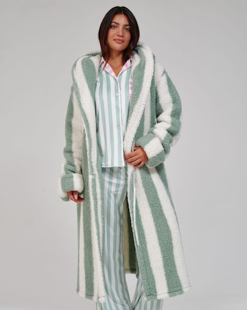 Loungeable Striped Cosy Borg Fleece Midi Hooded Dressing Gown