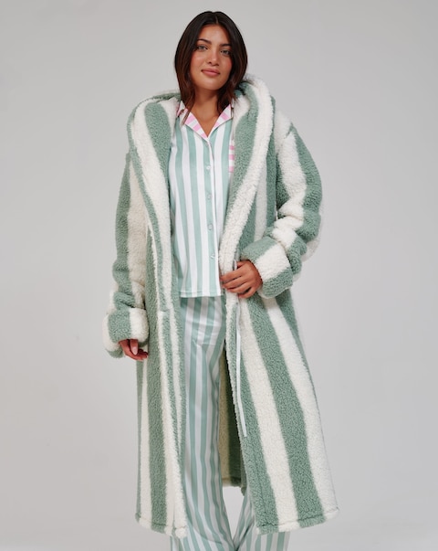 Loungeable Striped Cosy Borg Fleece Midi Hooded Dressing Gown