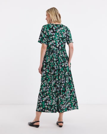 Black Floral Print Jersey Midi Dress