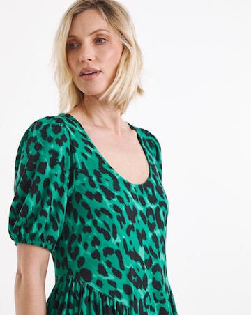 Green Animal Print Jersey Detail Midi Dress