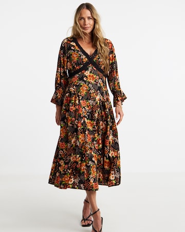 Printed Lace Trim Seam Detail Midi Dress