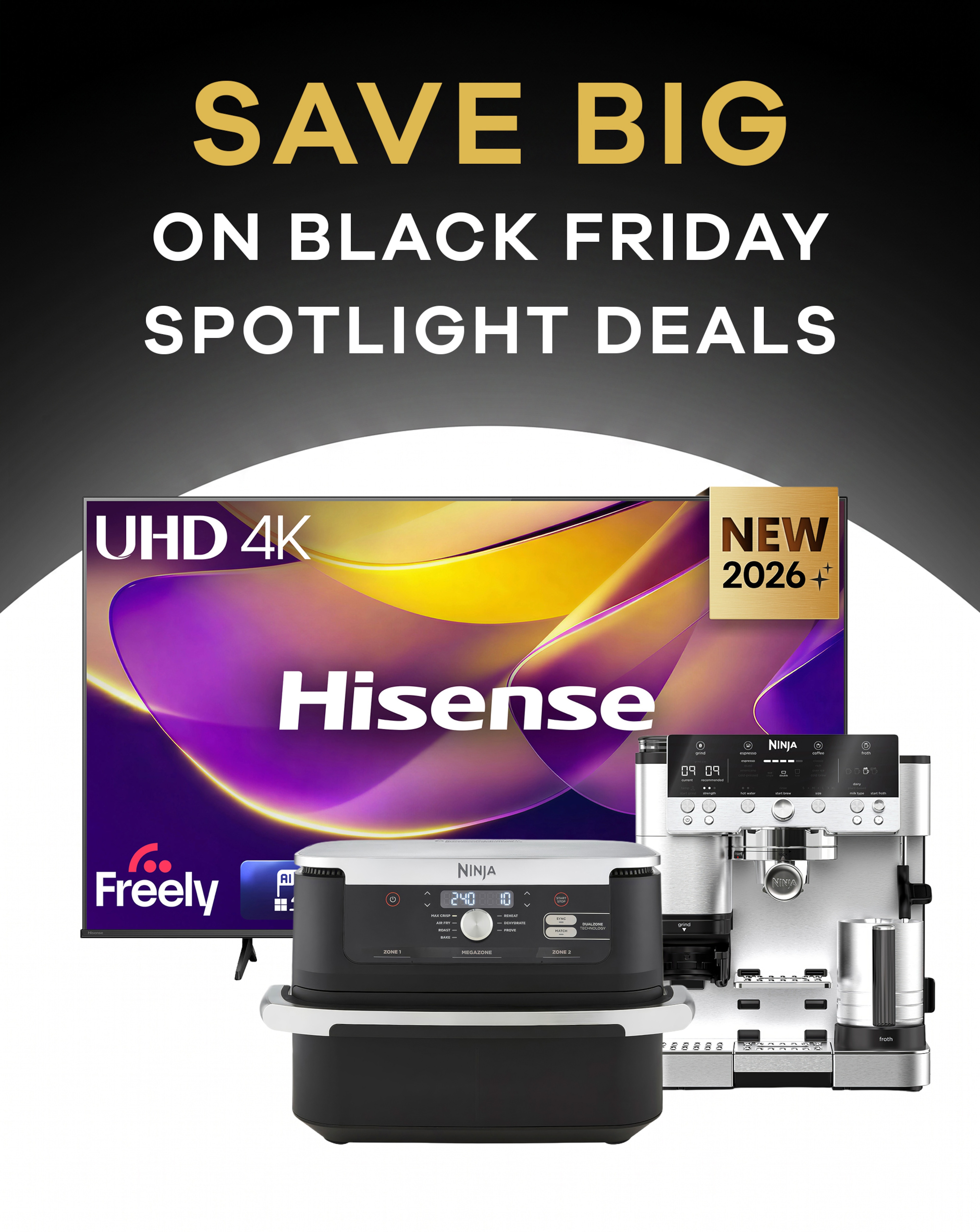 A Hisense TV, a Ninja air fryer and a Ninja coffee machine.