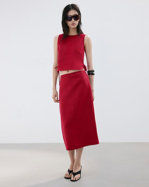 Mango Mid-Rise Linen Midi Skirt