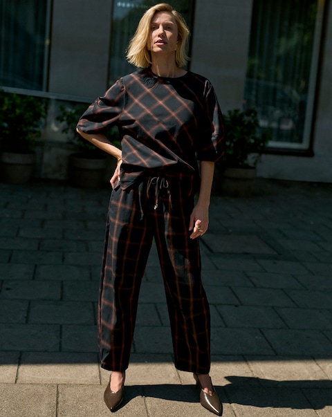 Navy Check Tie Waist Barrel Leg Trouser Co-ord