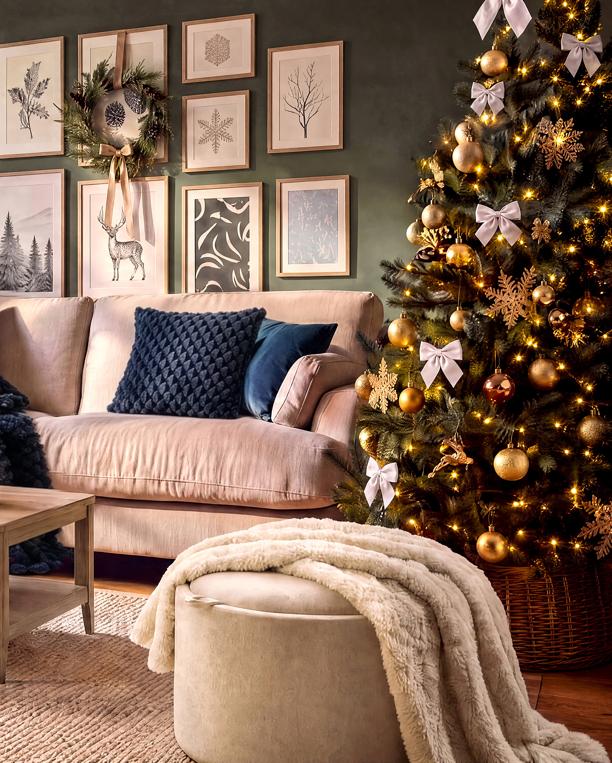 A living room with a Christmas tree in it.