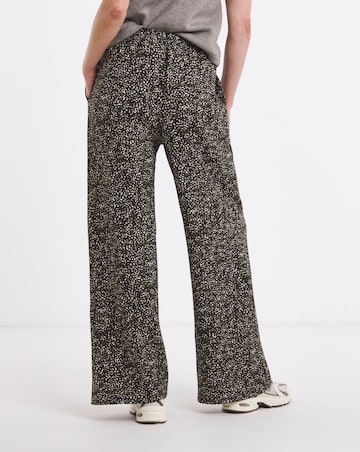 Khaki Print Textured Jersey Tie Waist Wide Leg Trouser